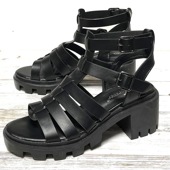 Shoes | New Black Strappy Gladiator Platform Chunky Heel Lug Sole Sandals |  Poshmark